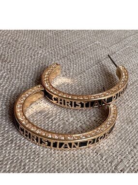 Dior Gold and Black Crystal-Embellished Hoop Earrings